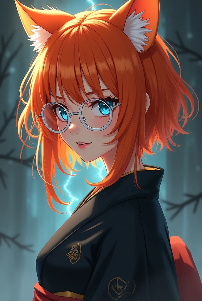 Mature anime girl, orange short hair, wolfcut hair, white thin frame round glasses, Take-Mikazuchi, God of Thunder, blue eyes, black yukata, , playful, cat girl, goth