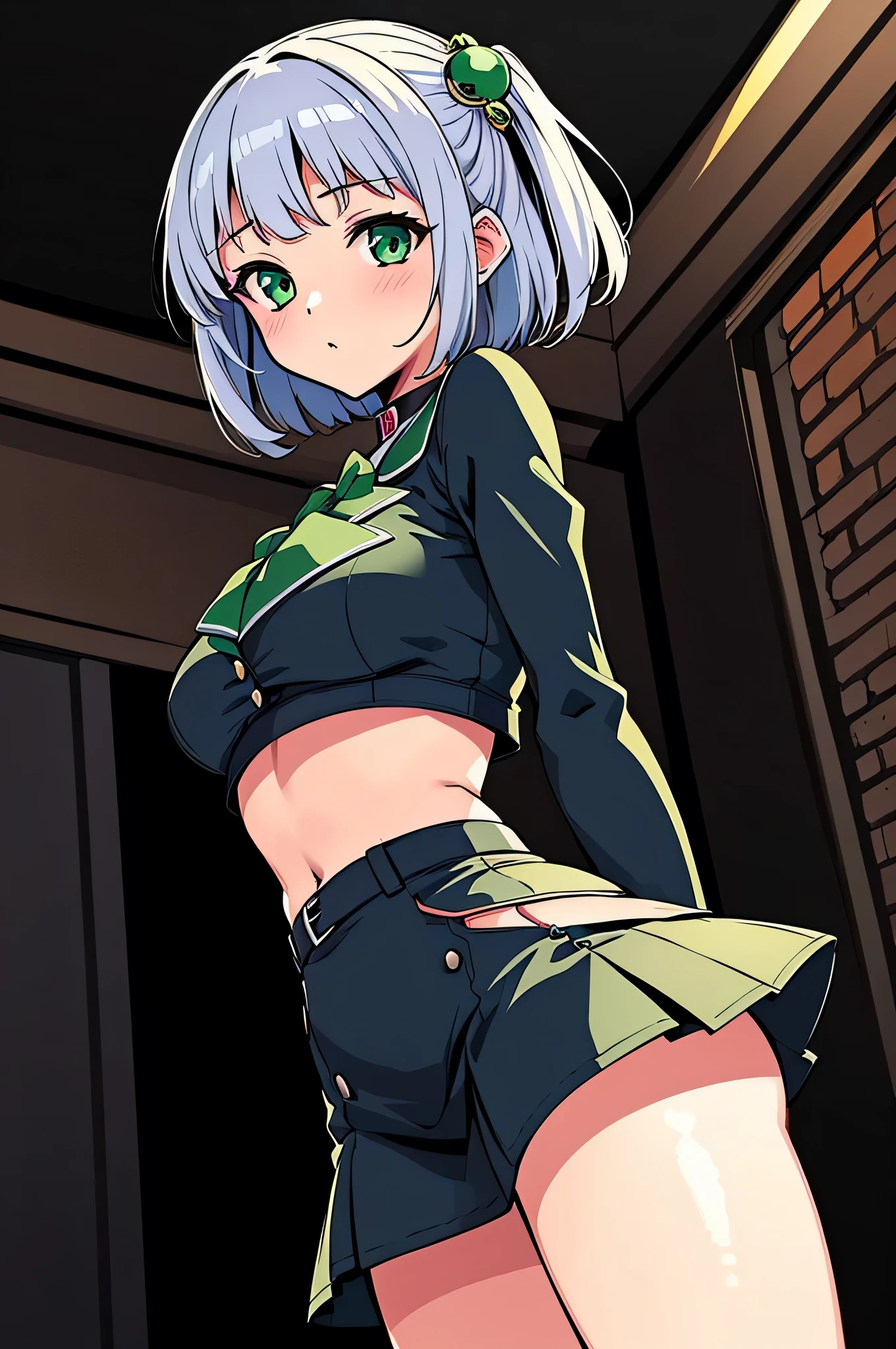 all intricate details, cientificamente: perfect body, girl 1, (masterpiece, best quality:1.2), illustration, solo, 1girl view, short hair, white hair, green eyes, short green blazer, black miniskirt, detailed background, looking at viewer, hair ornaments, indoors, sexy pose, front angle