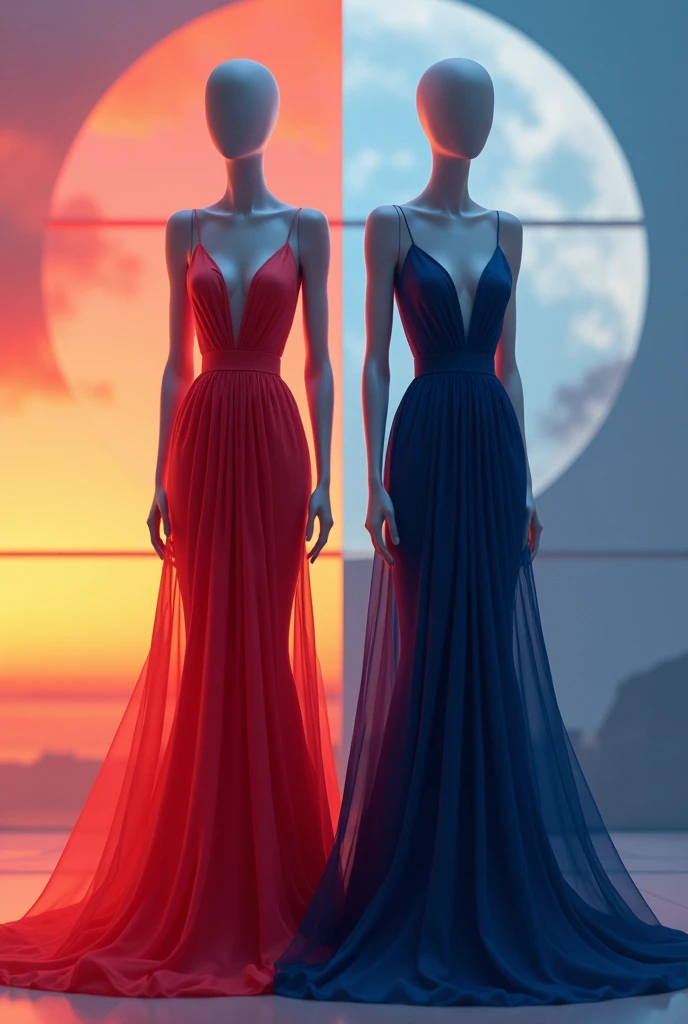 create, in the same image, two graduation dresses, one with a reddish sunset vibe, and the other with a moon vibe with a dark blue. just the colors and no symbols or prints