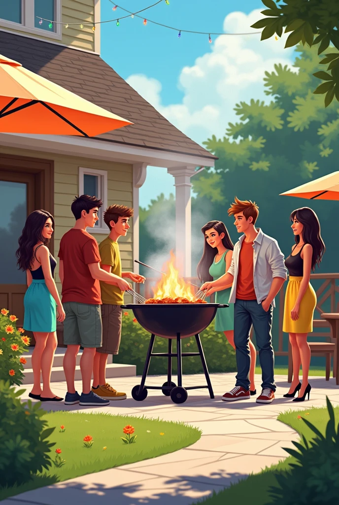 Three boys having a barbecue in the afternoon with foreign girls in front of the house.