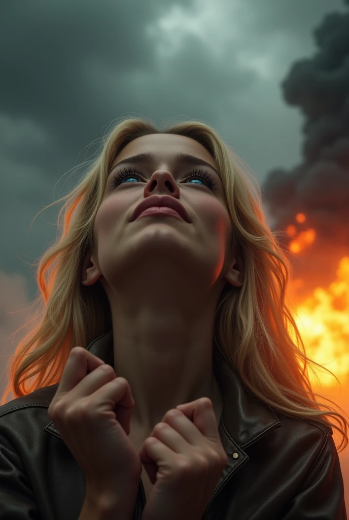 Blondws girl with blue eyes and full lips in the foreground , your hands are at chest height and in the position of an open fist . The girl's gaze is directed at the dark, cloudy sky , her head is tilted upwards , she has an evil laugh . It seems acruoelos , powerful and fearless , in the background is a fiery explosion , the girl is acting as if she had power over the whole world her hands are on her chest and are formed into an open fist , she has an evil smile