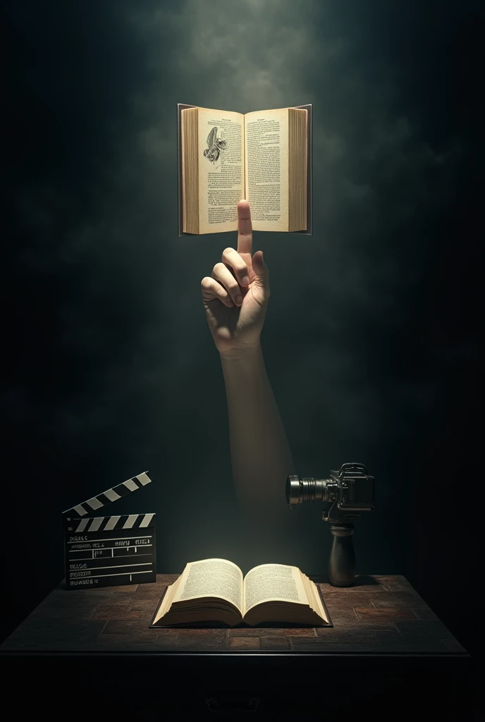 I want an image with an all black background where there are only lines of a hand like the hand of God in the painting The Creation of Adam pointing to the drawing of a book., a clapperboard and a camera