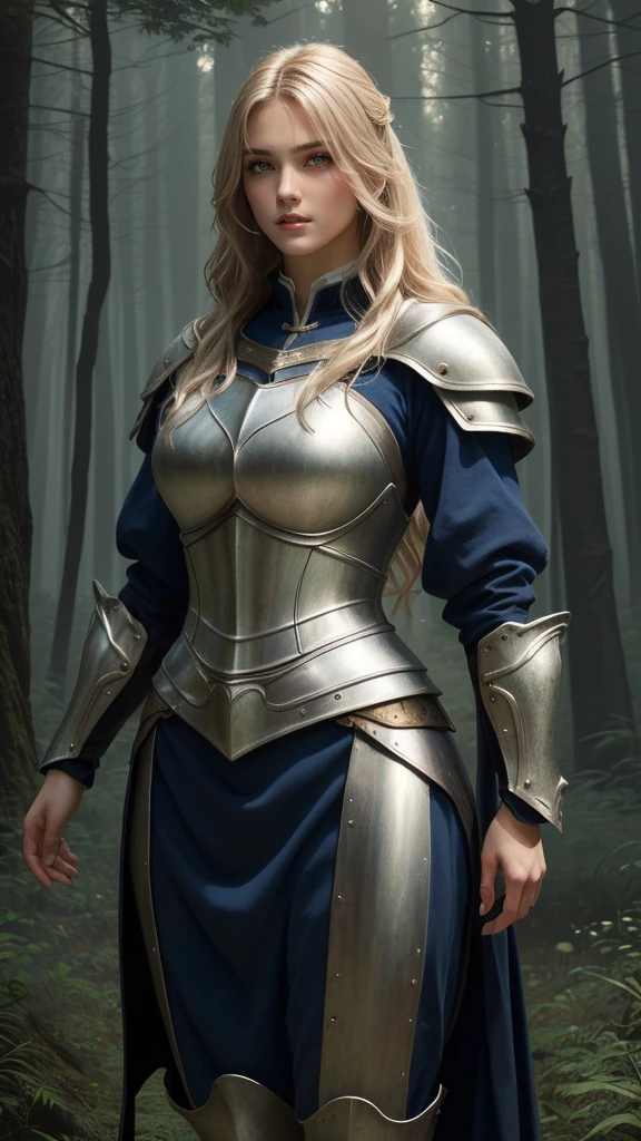 Young girl, white long hair, slightly curly hair, beutiful eyes, neutral expression, athletic physic, light fantasy clothing, medieval clothing, armor, medieval setting, intresting pose, standing sideways to camera, cinematic lighting, fantasy setting, dark forest (best quality,8k,highres,masterpiece:1.2),ultra-detailed,(realistic,photorealistic,photo-realistic:1.37),digital painting,concept art, high detail, realistic, detailed face