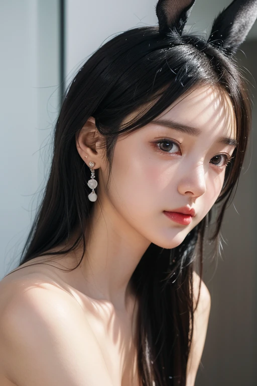 (22 year old Japanese beautiful girl,Thin eyebrows), (Small breasts,:1.5,),(solo,Textured skin, Detailed skin,Detailed face,Detailed eyes,High detail, Highest quality, Super detailed, Surrealism, ,8k,RAW Photos,Photographicism,Professional Lighting Ray Tracing,Aperture F1.2,Portrait Photography),(((Black Hair, Natural Makeup,Earrings,Bunny girl)))
