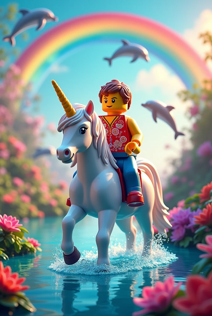  Unicorn ridden by a Lego character with dolphins and rainbows, all very colorful, as if it were a paradise, with another angle