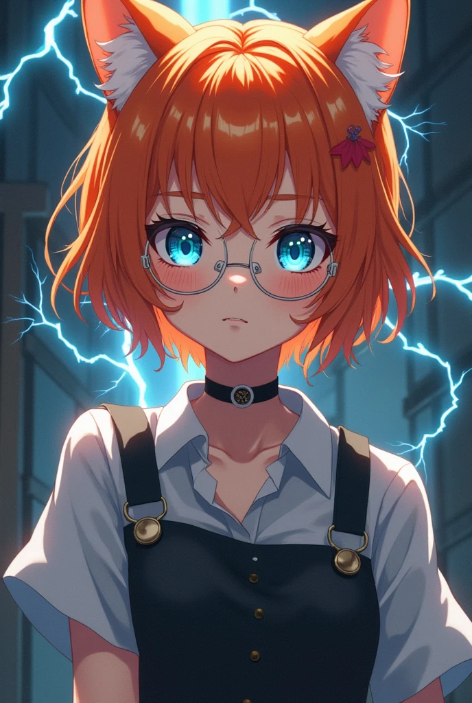 Mature anime girl, orange short hair, wolfcut hair, white thin frame round glasses, Take-Mikazuchi, God of Thunder, blue eyes, , playful, cat girl, goth