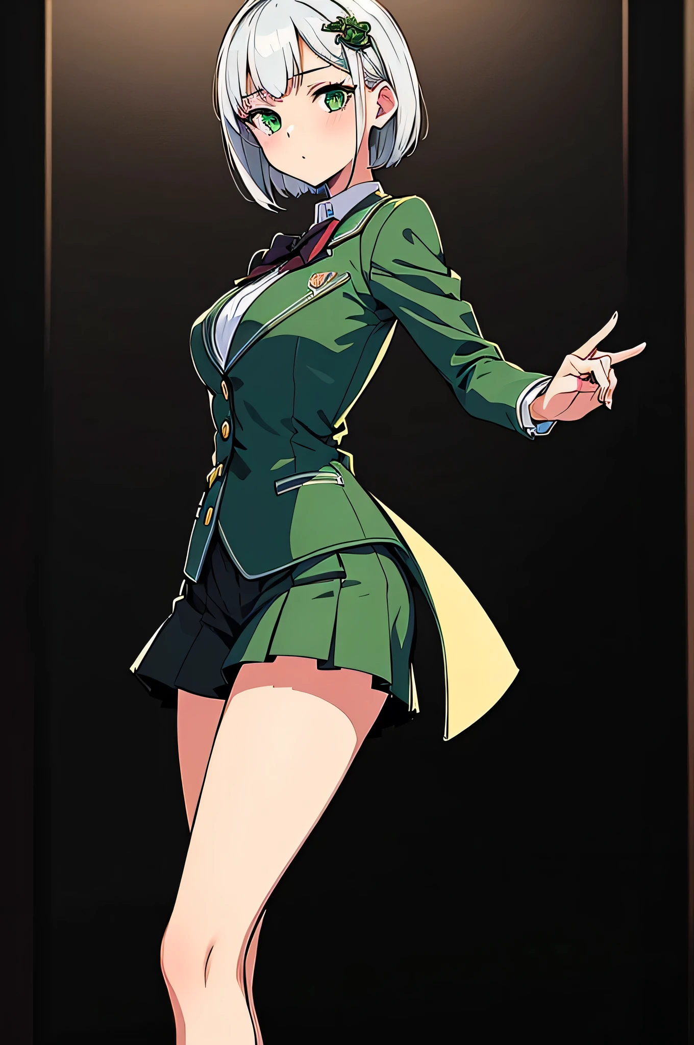 all intricate details, cientificamente: perfect body, girl 1, (masterpiece, best quality:1.2), illustration, solo, 1girl view, short hair, white hair, green eyes, short green blazer, black miniskirt, detailed background, looking at viewer, hair ornaments, indoors, sexy pose, front angle