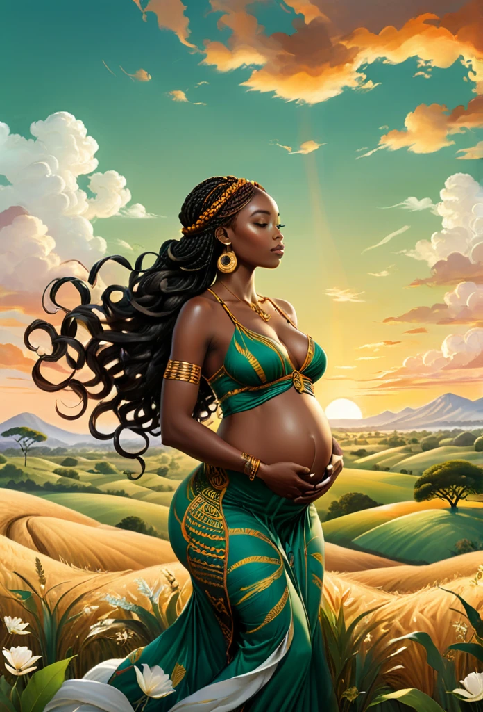 

"Create a detailed illustration of a pregnant Black woman standing or floating in a serene and graceful pose, inspired by Botticelli's Venus. Her hair should be styled in vibrant nagô braids that extend outward, transforming into an aura or flow of natural elements like roots, branches, and leaves. The background should feature a lush, vibrant landscape with green fields and traditional African patterns subtly incorporated. Add a dramatic, Baroque-influenced atmosphere with a classical art style, ensuring the scene has a strong sense of depth, contrast, and rich, dark tones. The sky should be golden with dramatic lighting that enhances the emotional impact, and include cultural symbols such as Adinkra patterns or traditional African masks. The woman’s hand should rest gently on her belly, with a soft, warm light highlighting her and the flowing braids. Ensure the composition conveys a sense of tranquility, connection to nature, and cultural heritage, with a striking and dramatic classical backdrop."

