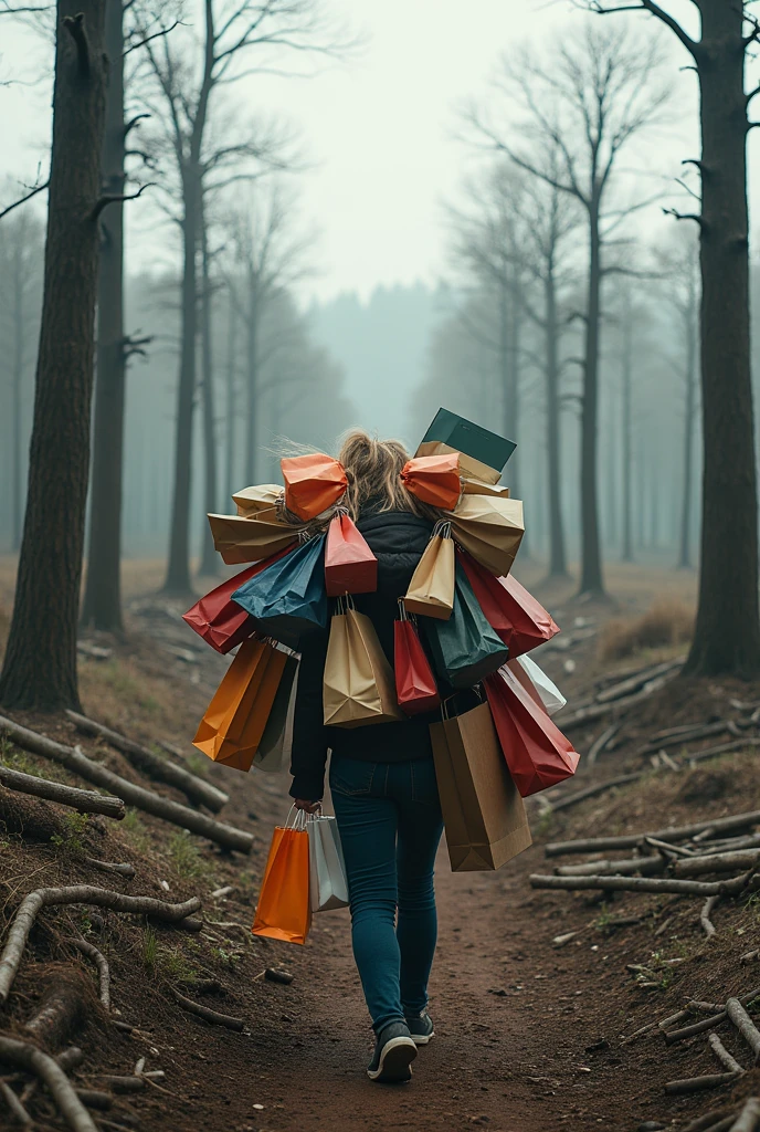 person with lots of shopping bags and a felled forest in the background 