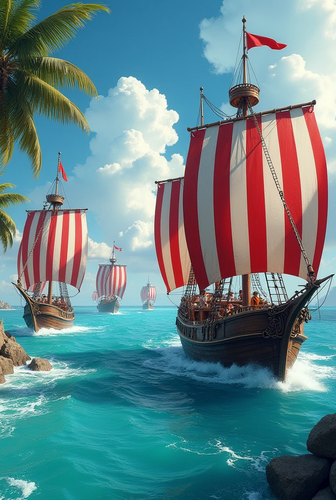 Medium sized ships in the tropical sea with red and white striped flags