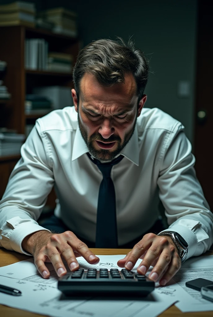 
An accountant sweating profusely in front of a calculator.