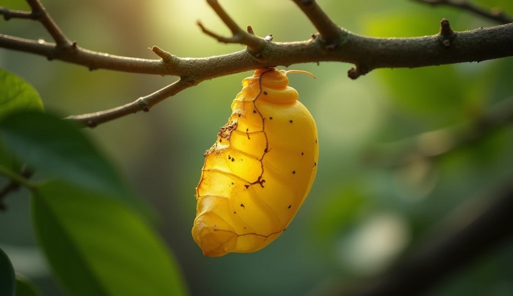 A close-up of the yellow cocoon hanging above tree trembling with a tiny crack forming on its surface, signifying something amazing is about to happen."