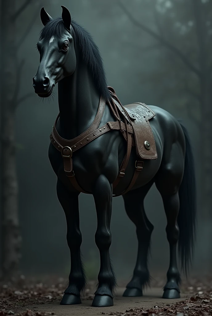 An all black horse with a leather harness and black, slightly skeletal eyes.