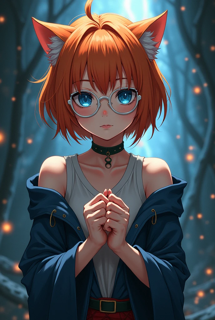 Mature anime girl, orange short hair, wolfcut hair, white thin frame round glasses, Take-Mikazuchi, God of Thunder, blue eyes, , cat girl, goth