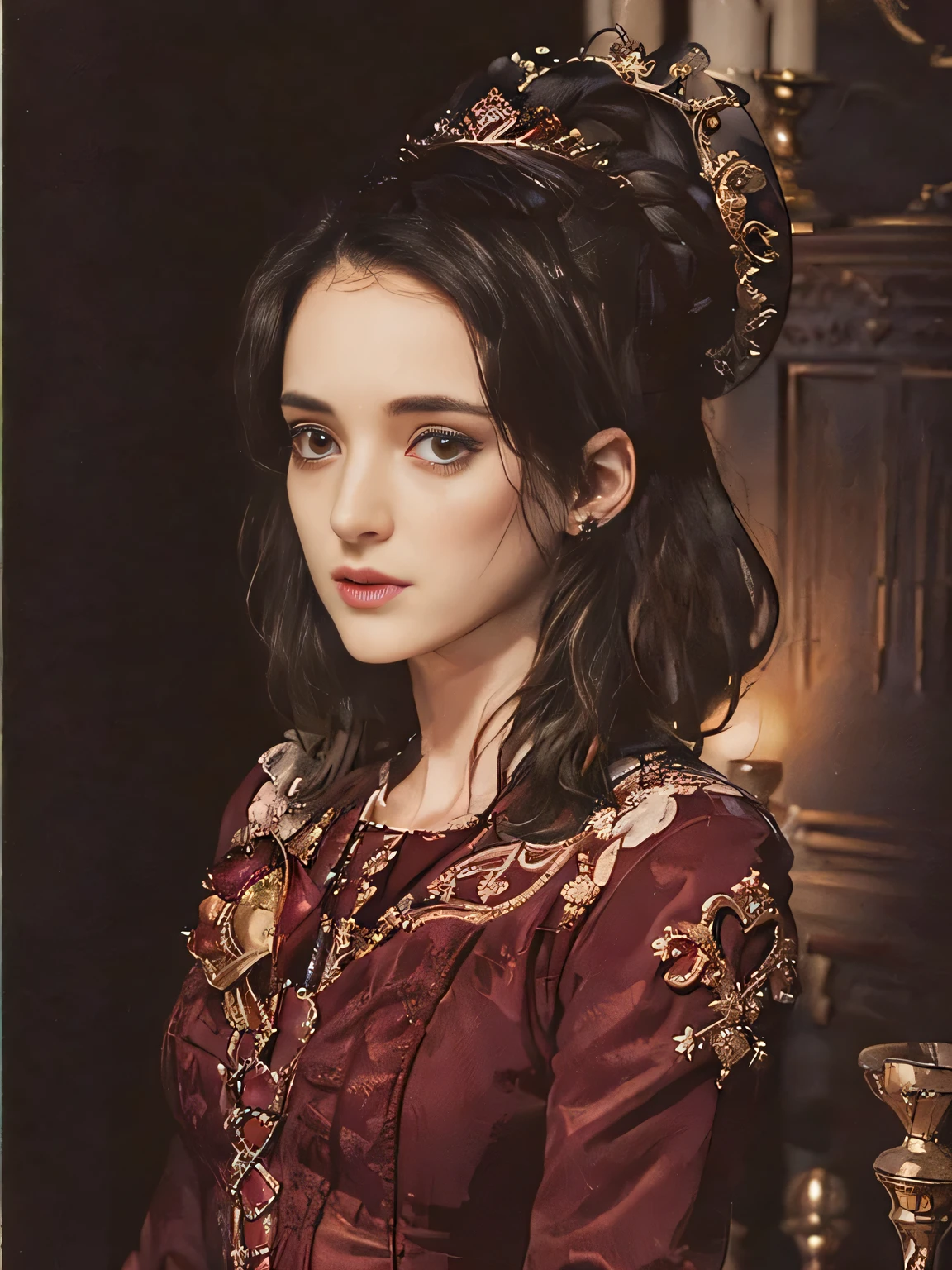 (masterpiece、top-quality、top-quality、Detailed and complex、official art、aesthetically pleasing:1.3)、(Clasic Victorian hairstyle)、(Winona Ryder look) (realistic art:1.3)、crimson gown, gold and black ornaments, gothic castle background. Gothic Red Velvet Background.