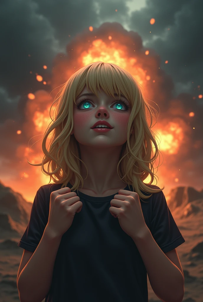 Blondws girl with blue eyes and full lips in the foreground  , your hands are at chest height and in the position of an open fist . The girl&#39;s gaze is directed at the dark, cloudy sky , her head is tilted upwards , she has an evil laugh . It seems acruoelos , powerful and fearless , in the background is a fiery explosion , the girl is acting as if she had power over the whole world her hands are on her chest and are formed into an open fist , she has an evil smile AN EVIL SMILE