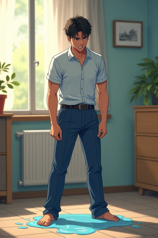 In the morning tain, A slender and muscular young man wearing a short sleeve shirt in his blue suits pants is desperate for pee. He is eager to pee. He starts to pee himself. There's a large urinate stain on his pants. His pee is dripping down from his pants and makes a pee puddle at his feet. He looks embarrassed. Anime.