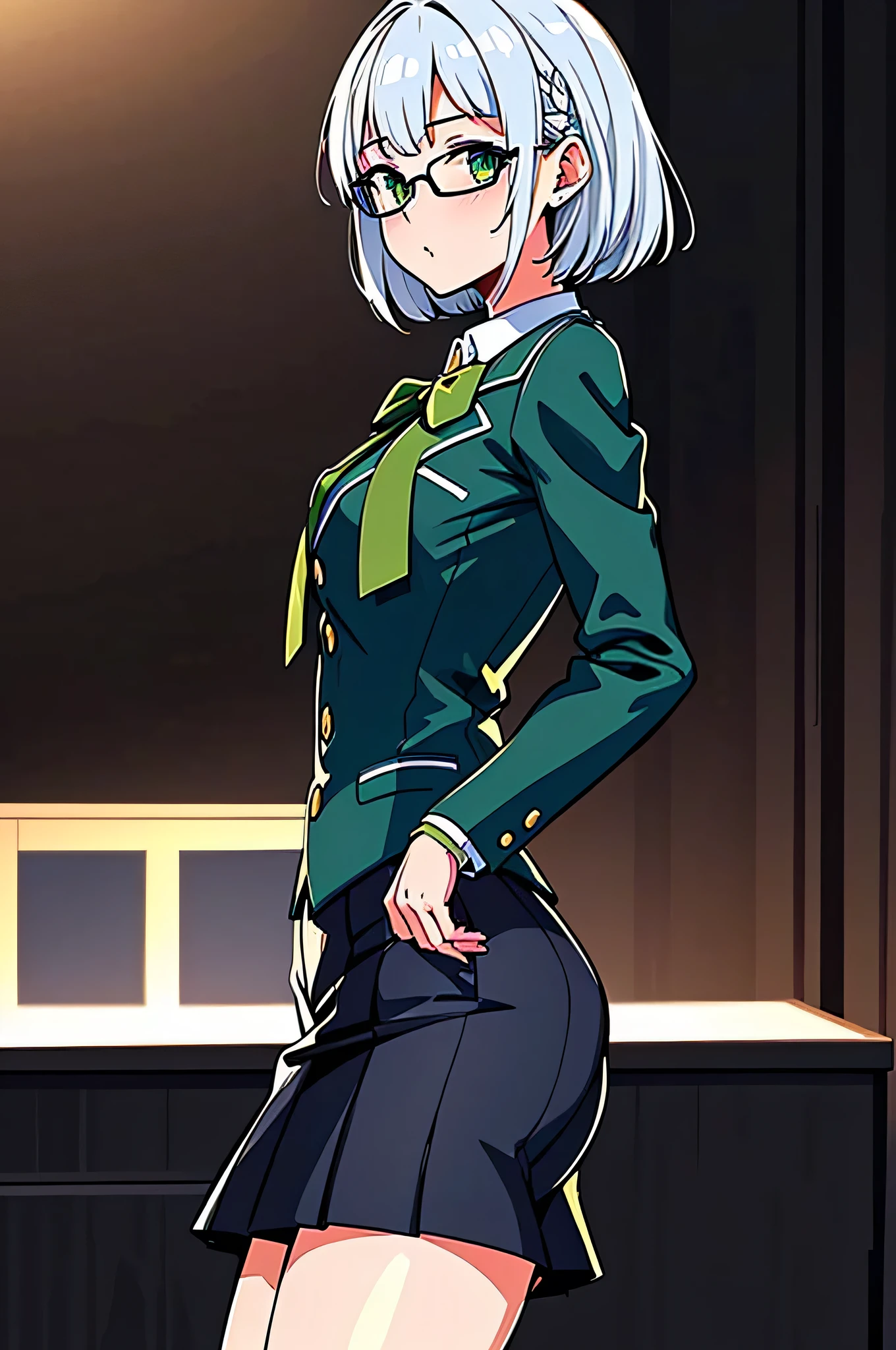 all intricate details, cientificamente: perfect body, girl 1, (masterpiece, best quality:1.2), illustration, solo, 1girl view, short hair, white hair, green eyes, short green blazer, black miniskirt, detailed background, looking at viewer, hair ornaments, indoors, sexy pose, front angle