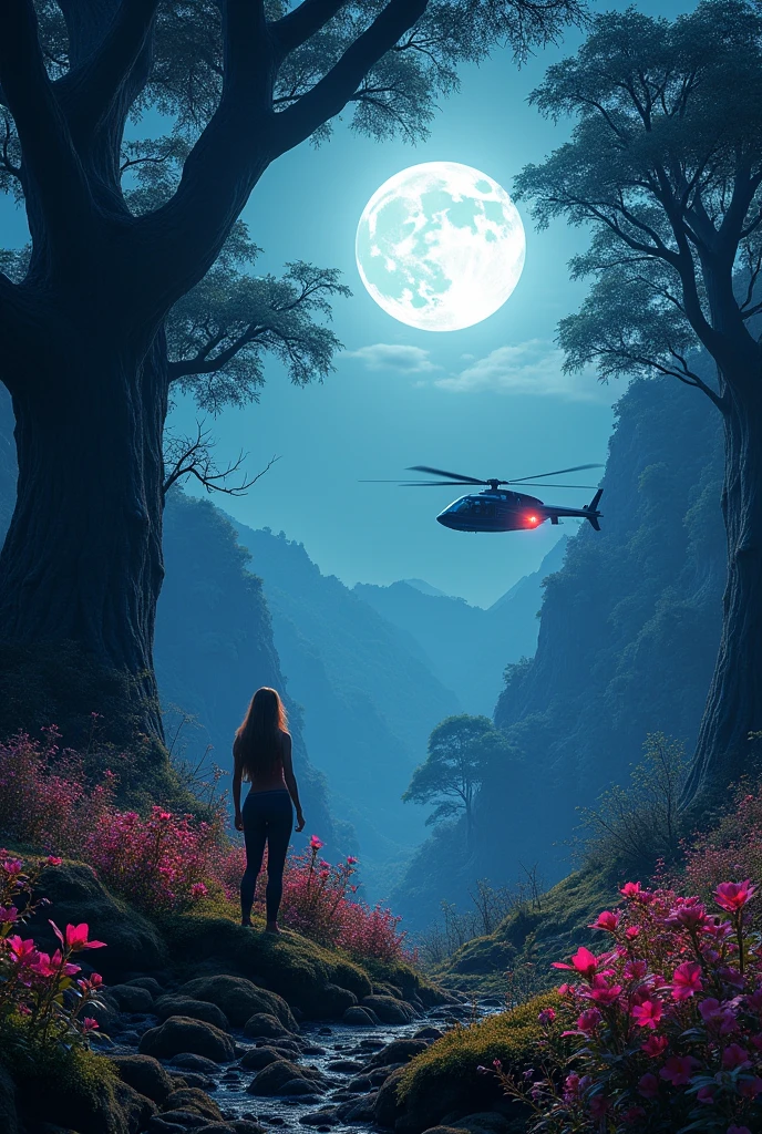 A vast forest seen from an aerial perspective, with colossal trees standing majestically under the light of the full moon. In the distance a woman watching him. The iridescent vegetation shines with vibrant hues, while the flora emits strong bioluminescence, creating a magical and surreal atmosphere. In the distance, the mountains appear in the moonlight. A futuristic helicopter flies over at low altitude, illuminating the treetops with its soft light. The image must be in high resolution 8K HDR, with ultra-fine details that capture the essence of a nighttime environment full of life and mystery.