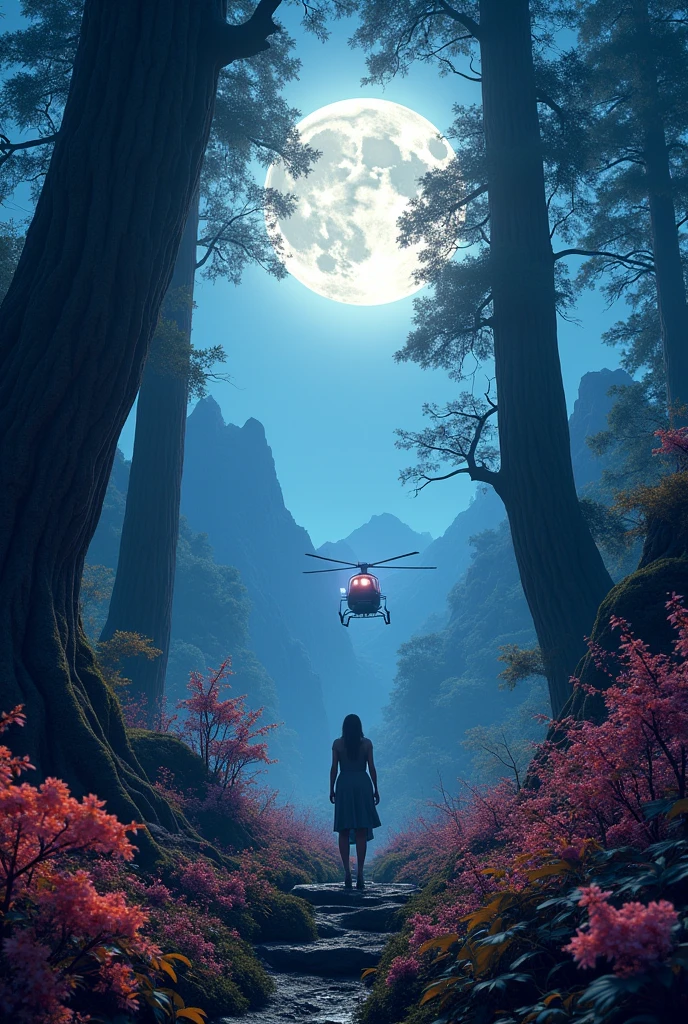 A vast forest seen from an aerial perspective, with colossal trees standing majestically under the light of the full moon. In the distance a woman watching him. The iridescent vegetation shines with vibrant hues, while the flora emits strong bioluminescence, creating a magical and surreal atmosphere. In the distance, the mountains appear in the moonlight. A futuristic helicopter flies over at low altitude, illuminating the treetops with its soft light. The image must be in high resolution 8K HDR, with ultra-fine details that capture the essence of a nighttime environment full of life and mystery.