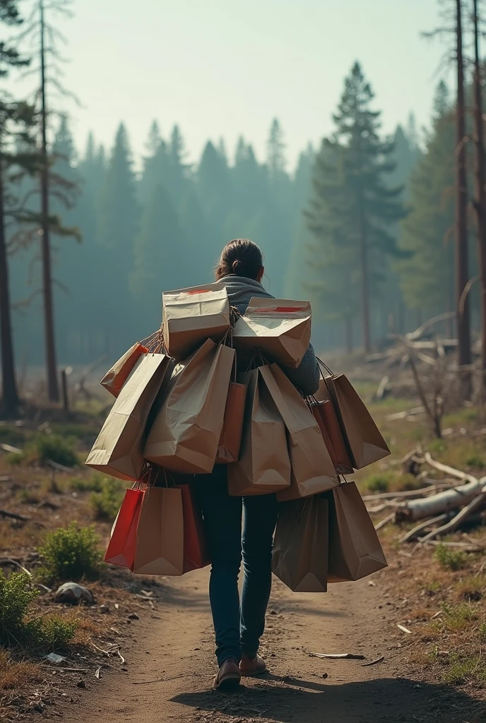 person with lots of shopping bags and a felled forest in the background 