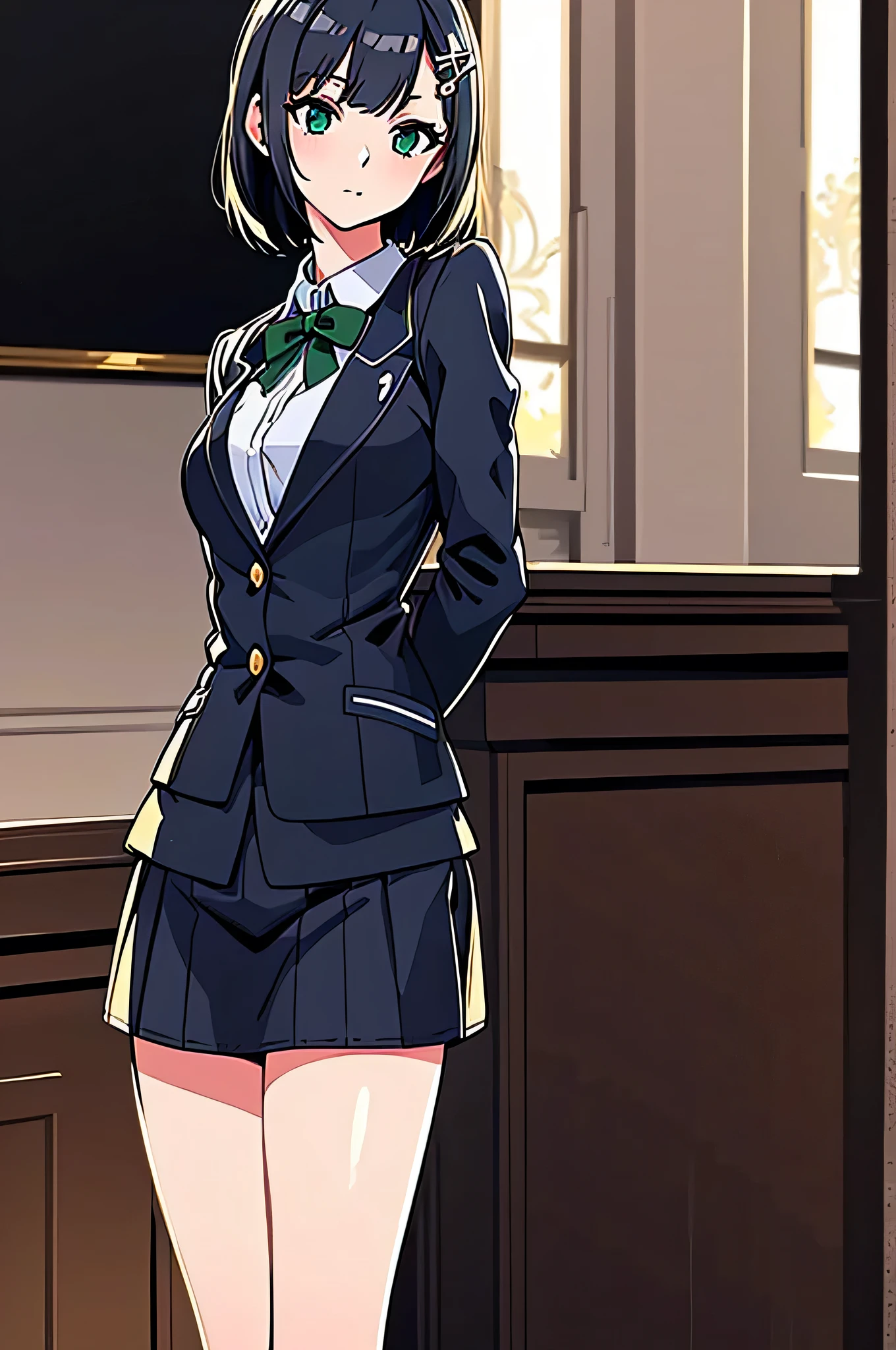 all intricate details, cientificamente: perfect body, girl 1, (masterpiece, best quality:1.2), illustration, solo, 1girl view, short hair, white hair, green eyes, short green blazer, black miniskirt, detailed background, looking at viewer, hair ornaments, indoors, sexy pose, front angle