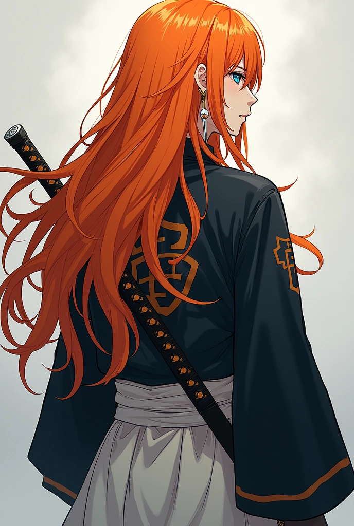 create an orange haired girl, with long, loose hair, with white locks. Their eyes are their most distinctive feature: The right eye is a deep blue, while the left eye is completely white, without iris or pupil. He wears the uniform of the demon hunters, with a light hakama and a black jacket with the organization's symbol on the back. On his belt he carries a Nichirin sword, ready to be drawn at any time. The drawing style must be that of Demon Slayer