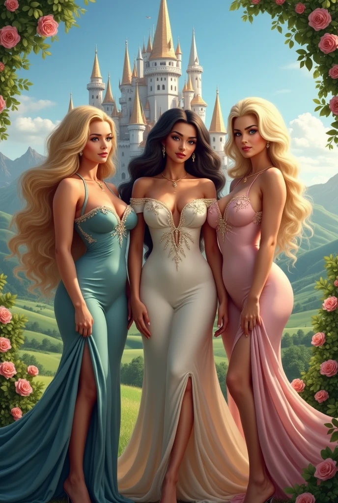 Three beautiful princesses, two blondes and a brunette, with big breasts and ass