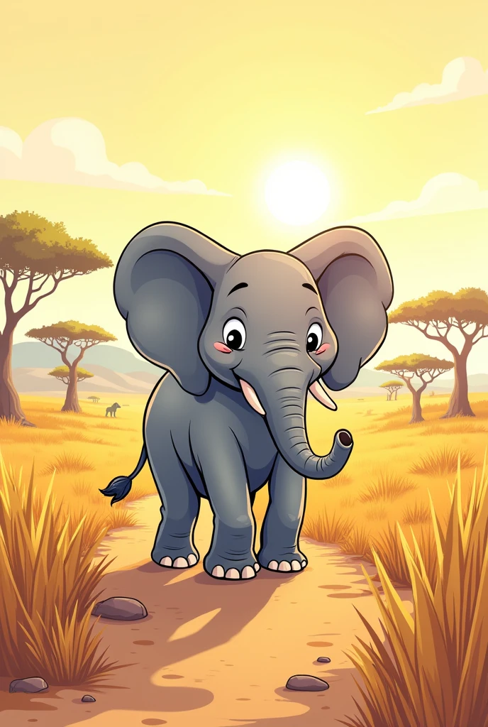 an elephant walking through the savanna, line art, cartoon character, 3d style, high-quality, coloring book, hand draw, lineart