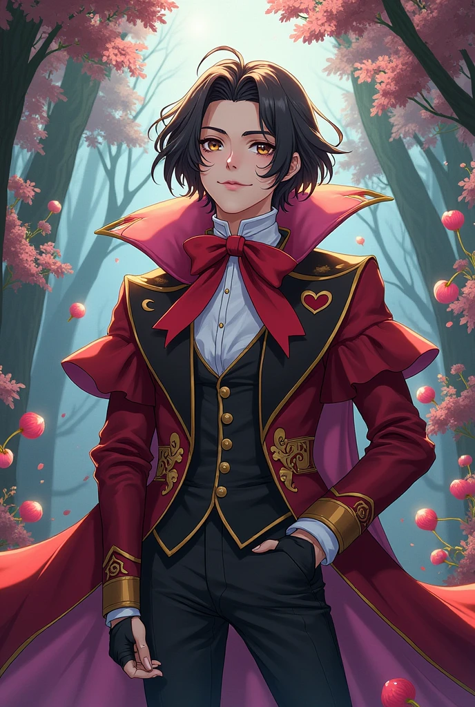 Alice in Wonderland male anime version with shoulder length hair and the son of the Queen of Hearts on the side anime version and a little realistic