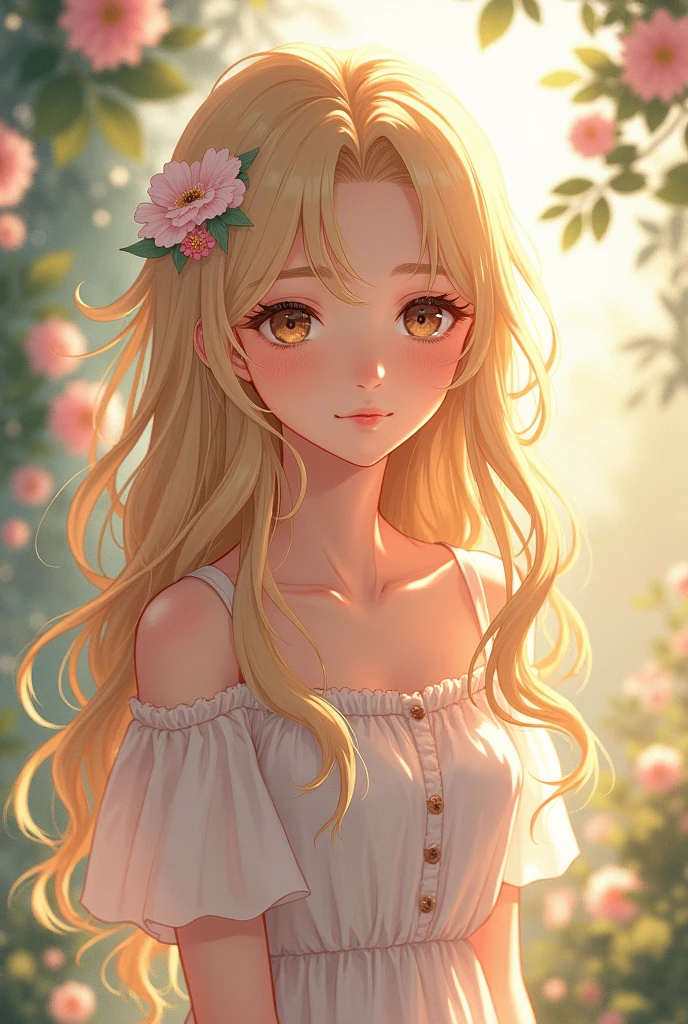 Girl, like 20 years old, long wavy blonde hair, Brown eyes, wear casual clothes. anime style.