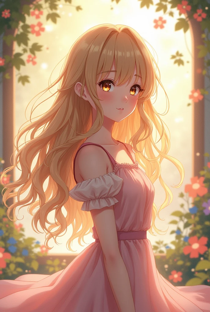 Girl, like 20 years old, long wavy blonde hair, Brown eyes, wear casual clothes. anime style.