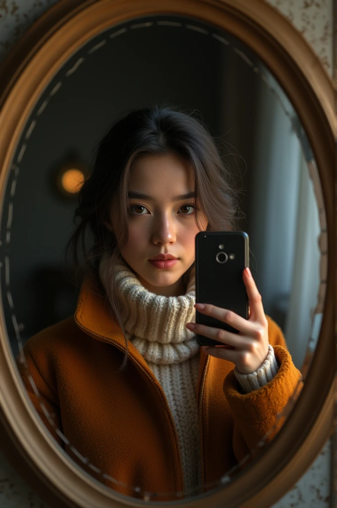  beautiful woman taking a picture in the mirror with her cell phone in front of her face and wearing warm clothes