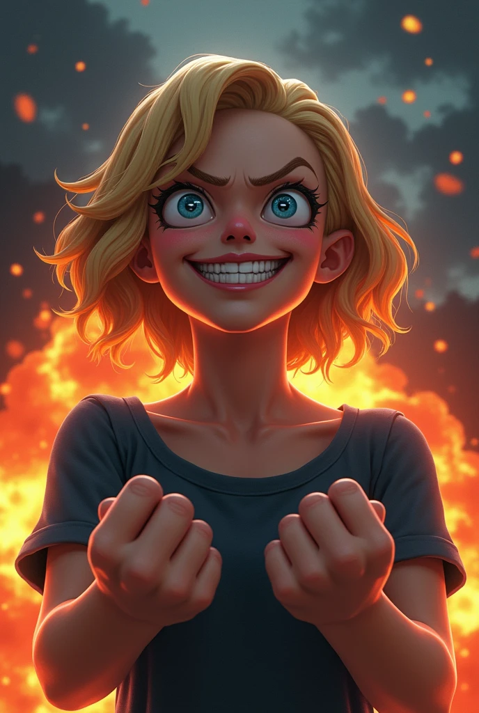 Blondws girl with blue eyes and full lips in the foreground  , your hands are at chest height and in the position of an open fist . The girl&#39;s gaze is directed at the dark, cloudy sky , her head is tilted upwards , she has an evil laugh . It seems acruoelos , powerful and fearless , in the background is a fiery explosion , the girl is acting as if she had power over the whole world her hands are on her chest and are formed into an open fist , she has an evil smile AN EVIL SMILE The girl has a big evil laugh