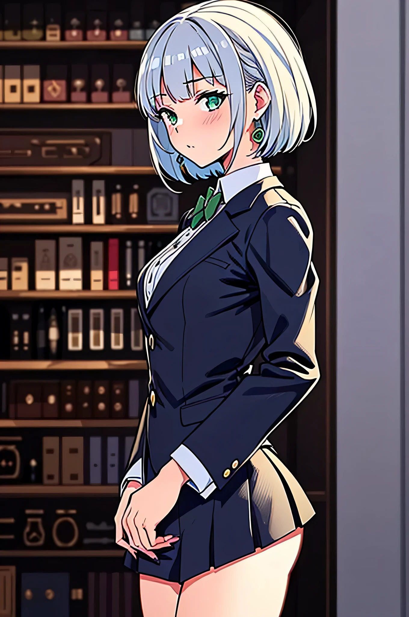 all intricate details, cientificamente: perfect body, girl 1, (masterpiece, best quality:1.2), illustration, solo, 1girl view, short hair, white hair, green eyes, short green blazer, black miniskirt, detailed background, looking at viewer, hair ornaments, indoors, sexy pose, front angle