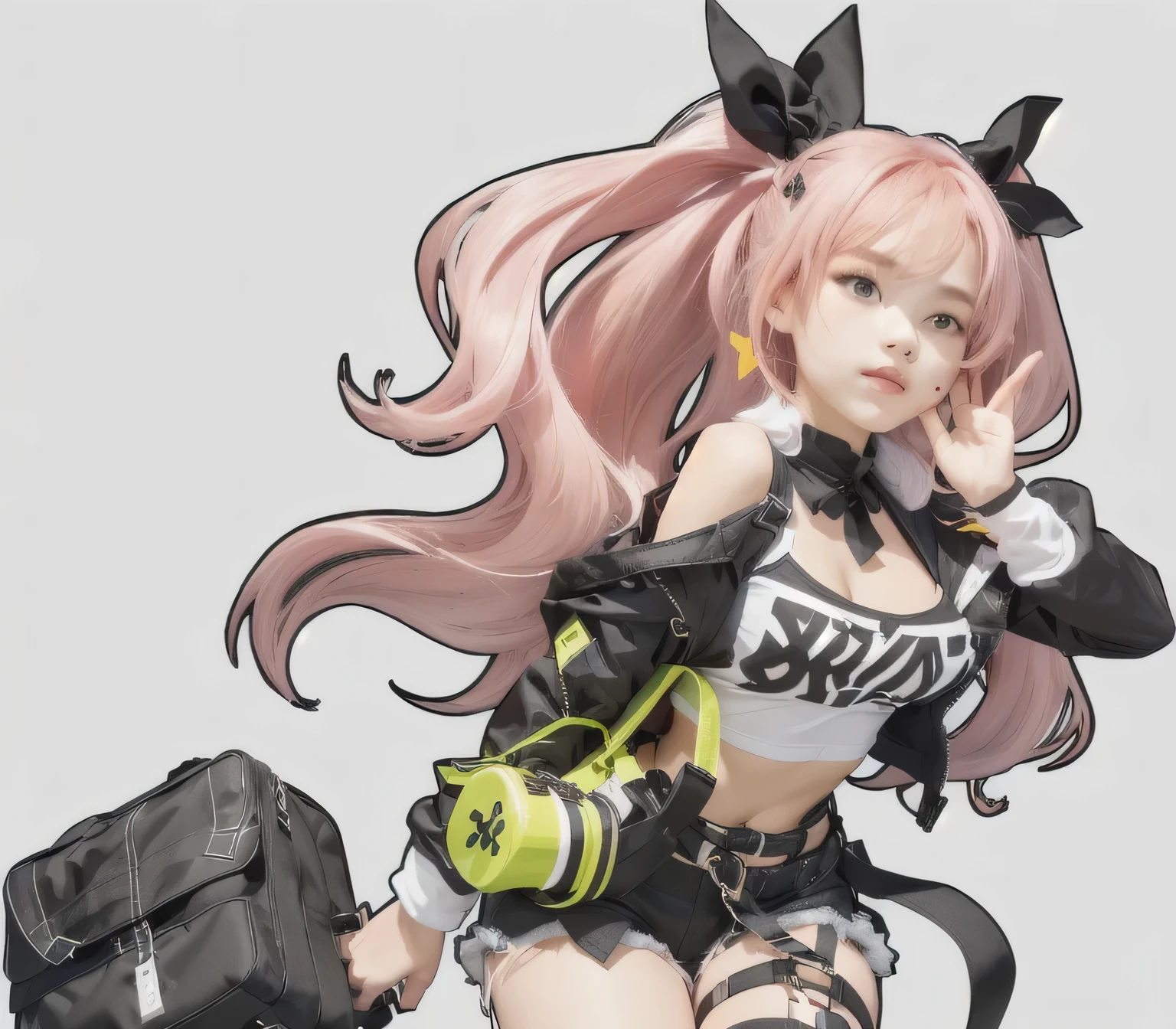 a girl with pink hair, two ponytails, two black ribbons in the hair, white tank top, black shorts, black short coat, holding a bag
