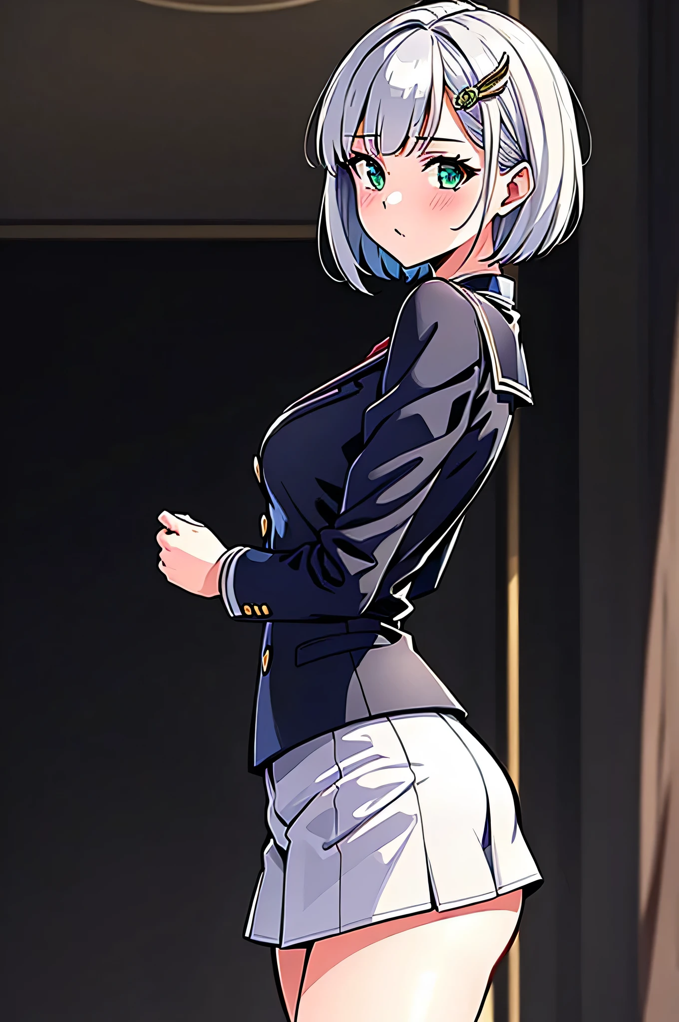 all intricate details, cientificamente: perfect body, girl 1, (masterpiece, best quality:1.2), illustration, solo, 1girl view, short hair, white hair, green eyes, short green blazer, black miniskirt, detailed background, looking at viewer, hair ornaments, indoors, sexy pose, front angle