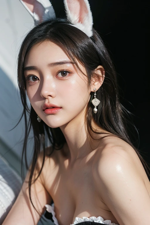 (22 year old Japanese beautiful girl,Thin eyebrows), (Small breasts,:1.5,),(solo,Textured skin, Detailed skin,Detailed face,Detailed eyes,High detail, Highest quality, Super detailed, Surrealism, ,8k,RAW Photos,Photographicism,Professional Lighting Ray Tracing,Aperture F1.2,Portrait Photography),(((Black Hair, Natural Makeup,Earrings,Bunny Girl Dutch Angle, )))