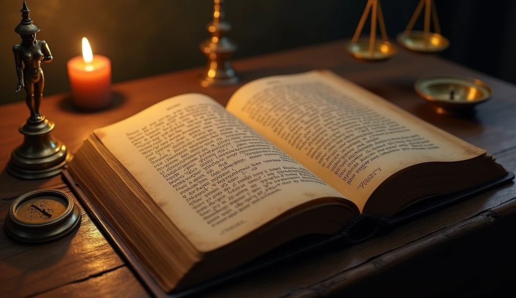 Create a hyper-realistic and mysterious image of an old book open on a wooden table, with yellowed pages detailing Solomon's teachings on full life and success. The soft light of a nearby candle illuminates the words written in Hebrew characters., with a special focus on a phrase that symbolizes the essence of a meaningful life. Next to the book, a small statue of a golden scale and an antique sundial, symbolizing balance and time. The scene should evoke a sense of mystery and importance, highlighting that the secrets to true prosperity are written in the pages of this book.