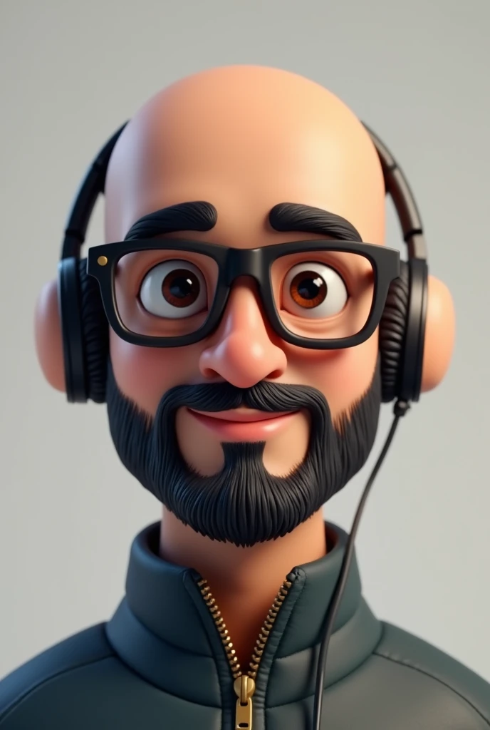 A Pakistani Skin Toned Young man completely bald, moderate beard and normal mustache, in portrait bitmoji image. wearing glasses. wearing moderate size headphone. be a healthy ROUND face. and his face should be front facing just like in passport picture. eyes should be opened normally. make the skin a little dark. can you make it a bit more 3d animatic like a 3d bitmoji.