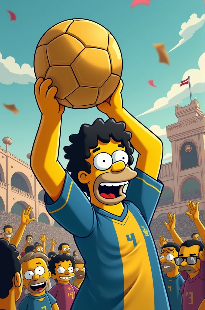 Make a picture of Messi in Simpson version celebrating with the World Cup and an Arab sheikh behind him