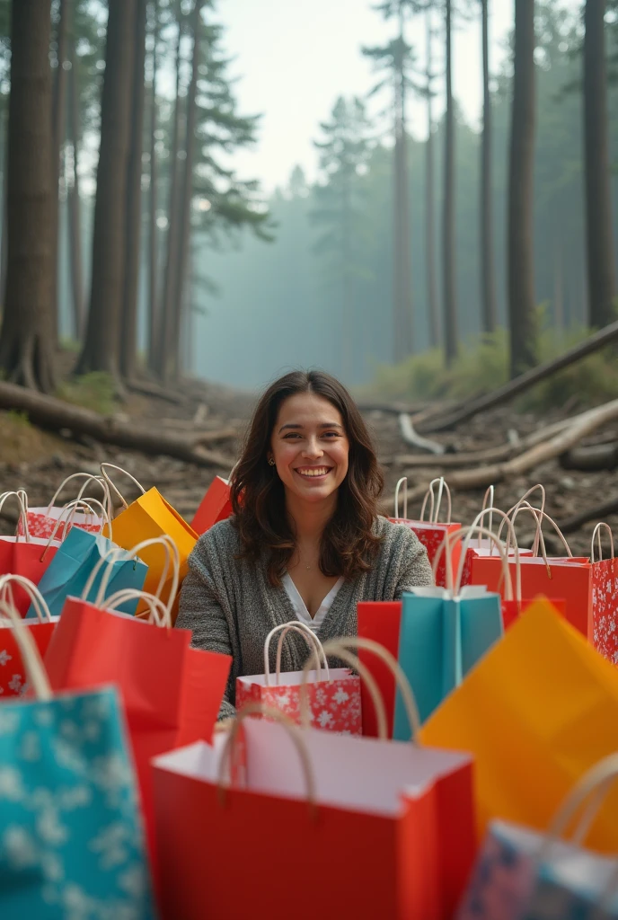 Smiling person with lots of shopping bags and a felled forest in the background 