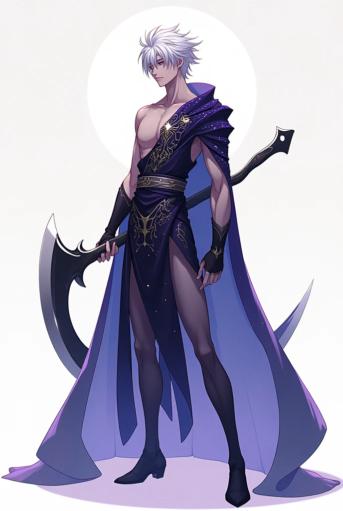 Make me an anime-style male character who has heterochromatic eyes, one yellow and the other purple, has white hair and a tunic, and has a large scythe and has a tunic with a space design that shines and has a happy but serious face at the same time. and make it a full body image