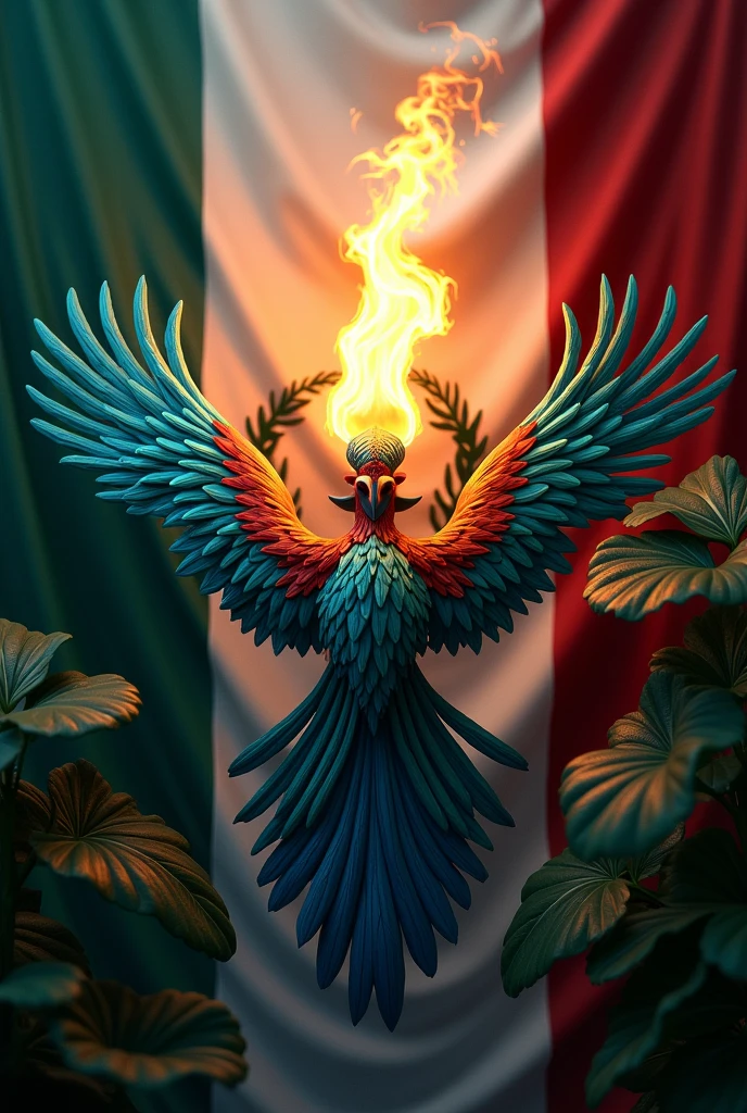 unite in a single image the flag of Guatemala, the quetzal but in the center place an animated torch