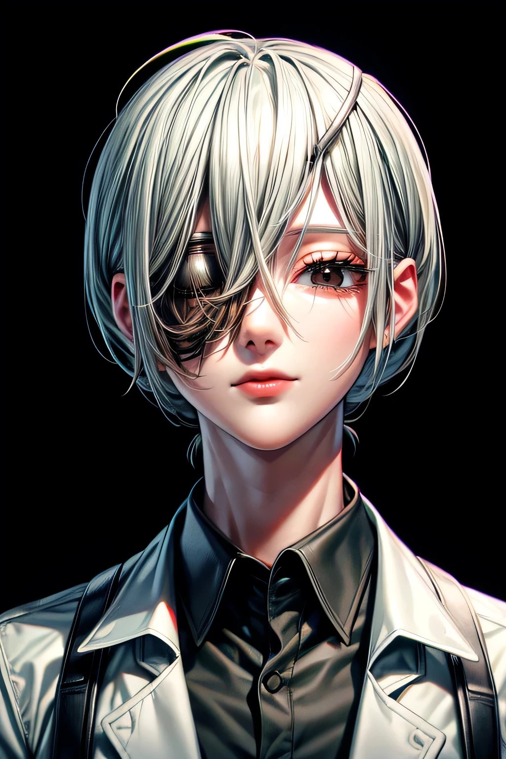 Quanxi, Chainsaw Man ، white skin Sleepy black eyes, black shirt, beautiful facial features, black eye patch, white-green hair, 