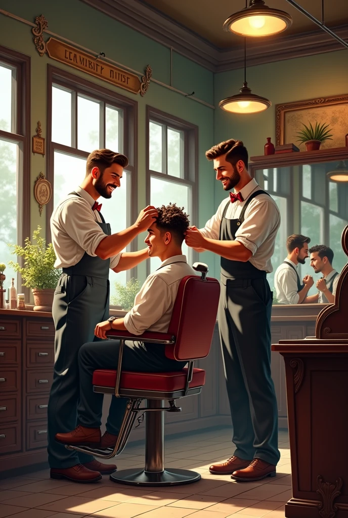 Smiling barbers cutting hair