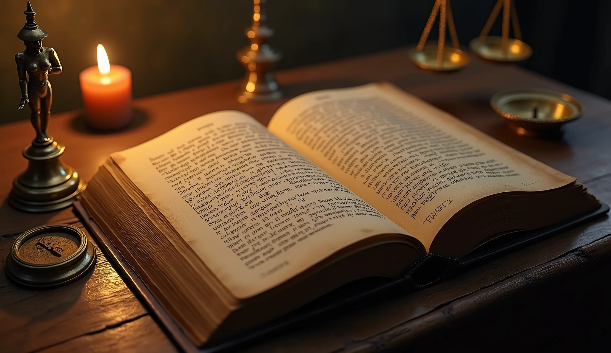 Create a hyper-realistic and mysterious image of an old book open on a wooden table, with yellowed pages detailing Solomon's teachings on full life and success. The soft light of a nearby candle illuminates the words written in Hebrew characters., with a special focus on a phrase that symbolizes the essence of a meaningful life. Next to the book, a small statue of a golden scale and an antique sundial, symbolizing balance and time. The scene should evoke a sense of mystery and importance, highlighting that the secrets to true prosperity are written in the pages of this book.