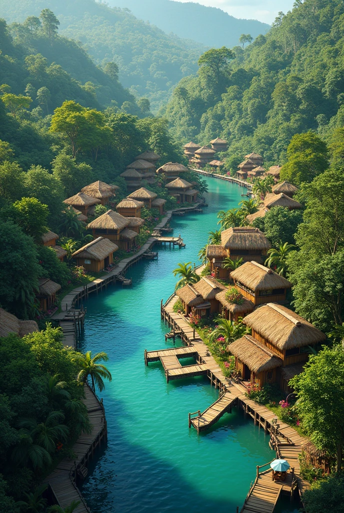 a small Brazilian indigenous city built on the water, with trees from the Atlantic Forest , straw and wattle house, small gardens