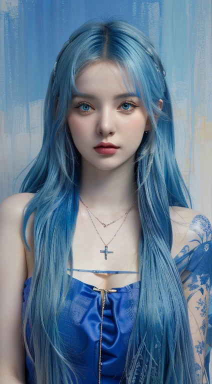 a painting of a woman with blue hair and a necklace, alena aenami and artegerm, deviantart art station cgscosiety, artegerm portrait, artegerm. High detail, Neoartcore y Charlie Bowater, Girl with blue hair, artegerm detailed, extremely detailed artegerm, Detailed Matte Fantasy Portrait, beautiful blue hair girl