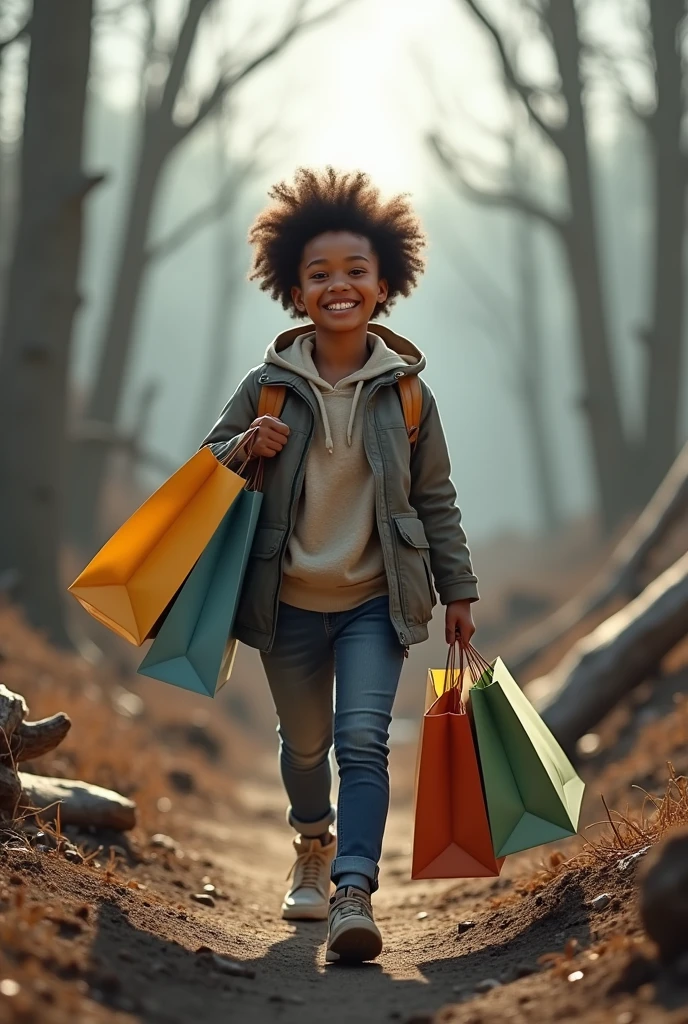 Smiling person with shopping bags and a felled forest in the background